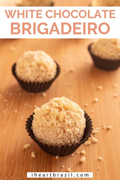 This white chocolate brigadeiro is deliciously sweet and tastes like more! Don’t believe me? Get the recipe and surprise yourself. | brigadeiro recipe | brazilian recipes | brazilian desserts Chocolate Brigadeiro Recipe, Brazilian Sweets, Brigadeiro Recipe, Brazilian Recipes, Chocolate Brigadeiro, Brazilian Desserts, Famous Desserts, White Chocolate Recipes, White Chocolate Truffles