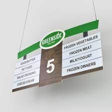 This sign is used in the store to make the shopping experience easier and quicker for the shopper. It will also force the shopper to look at more products because of the aisle setting it is used in. Aisle Markers, Store Signage, Modern Store, Frozen Dinners, Supermarket Design, Frozen Meat, Retail Signs, Library Displays, Wayfinding Signage