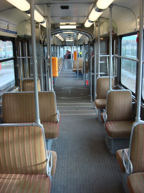 (Brussels, Belgium) Interior of STIB-MIVB Tram number 7714. Tram Interior, Photo Bashing, Light Rail Vehicle, Metro Train, Silent Book, Light Rail, Retro Ideas, Brussels Belgium, Empty Spaces