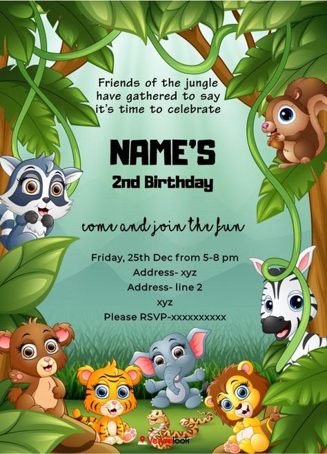 E Birthday Cards Free, Bday Invitation Card, Jungle Birthday Invitations, Jungle Safari Theme, Jungle Theme Cakes, Jungle Safari Animals, Jungle Theme Birthday Party, Safari Invitations, 2nd Birthday Party For Boys