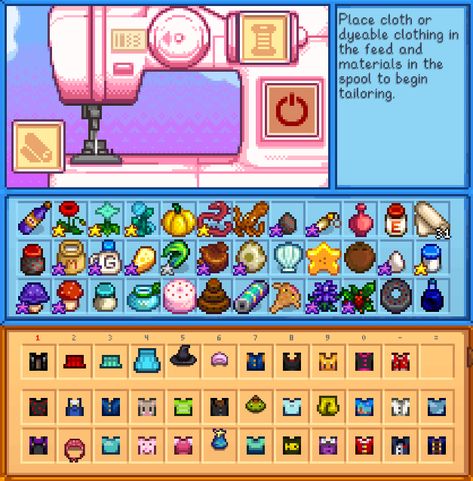 Stardew Valley Upgrade Tools, Cute Clothes Stardew Valley, Tailoring Stardew Valley, Clothing Recipe Stardew Valley, Stardew Tailoring Guide, Sewing Machine Stardew Valley, Stardew Valley Helpful, Stardew Sewing Machine, Stardew Tool Upgrades