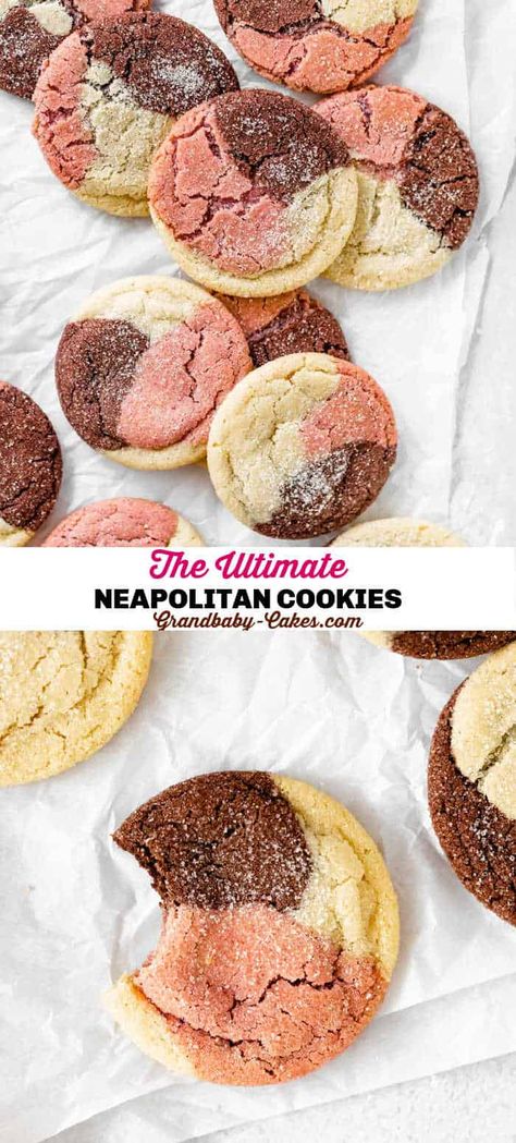 Neapolitan Cookies Neapolitan Cookies, Buttery Sugar Cookies, Grandbaby Cakes, Cheesecake Oreo, Homemade Snickers, Lost 100 Pounds, Strawberry Chocolate, Easy No Bake Desserts, Cookie Flavors