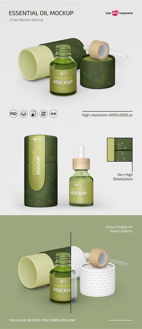 Free PSD Essential Oil Mockup Template | Free-PSD-Templates Essential Oil Brands, Supplements Packaging, Mockup Template Free, Essential Oil Labels, Psd Template Free, Essential Oil Bottles, Packing Design, Bottle Packaging, Bottle Mockup