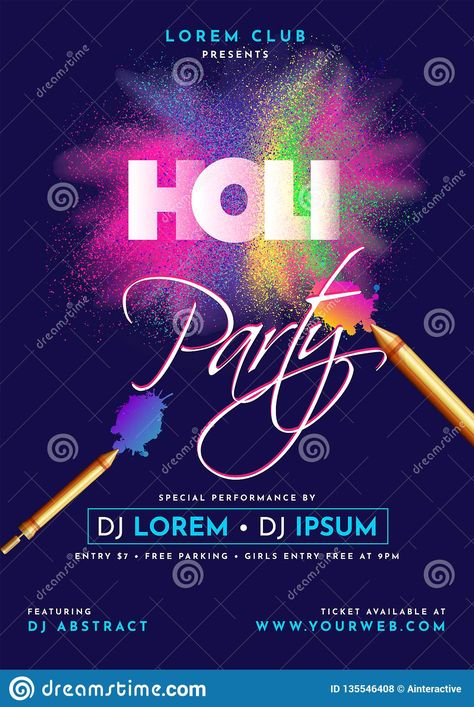 Holi Party template or flyer design with time, date and venue details by Allies Interactive Holi Party Invitation, Holi 2023, Details Illustration, Card Aesthetic, Holi Poster, Holi Party, Holi Celebration, Party Template, Flyer Design