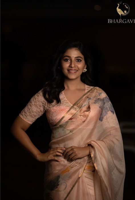 Anjali in pastel saree by Bhargavi Kunam 4 Pastel Pink Saree, Bhargavi Kunam, Pastel Saree, Studded Earrings, Ethnic Outfits, Fancy Sarees, Pink Saree, Elbow Length Sleeve, Beautiful Saree