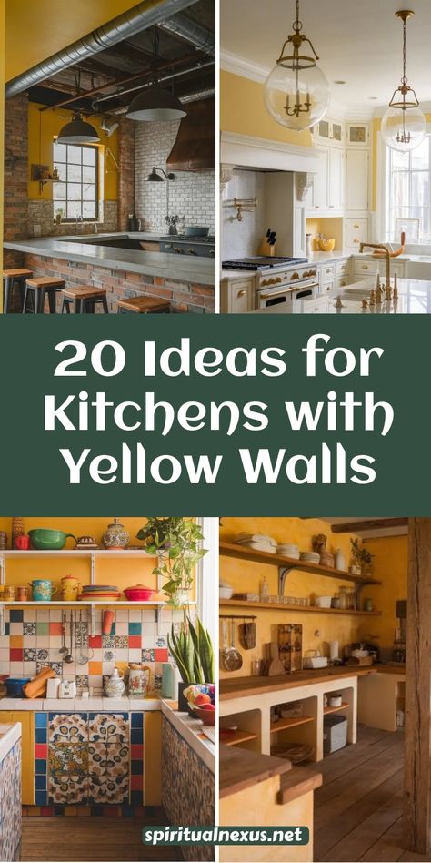 Get fresh kitchen ideas with yellow walls in this list of 20 eye-catching designs! Whether you opt for light lemon or golden yellow, these spaces will inspire a brighter and more welcoming kitchen. #FreshKitchenIdeas #YellowAccentWalls #KitchenInspiration #HomeMakeover #DesignLove Yellow Tile Kitchen, Yellow Kitchen Tiles, Yellow Country Kitchens, Vintage Yellow Kitchen, Yellow Kitchen Walls, Yellow Kitchen Designs, Welcoming Kitchen, Yellow Kitchen Cabinets, Industrial Chic Kitchen