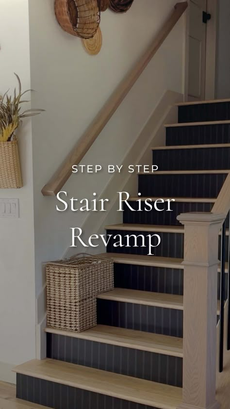 Tempaper® Removable Wallpaper | Time to stop and stair! Check out this beautiful transformation by @sprucingup.mamahood. She removed Soleil from her stairs and added our… | Instagram Cheap Staircase Makeover, How To Paint Wooden Stairs, Black Stair Riser Ideas, Black Kick Plate Stairs, Wallpaper Accent Wall Stairs, Tile Staircase Ideas, Redo Steps Stairs Makeover, Stair Backsplash Ideas, Wallpaper On Steps