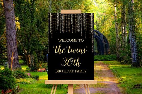 Black And Gold Welcome Sign, Twins Birthday Party, Gold Welcome Sign, Twin Birthday Parties, Birthday Signs, Twins Birthday, Party Welcome Sign, 30th Birthday Party, Welcome Boards