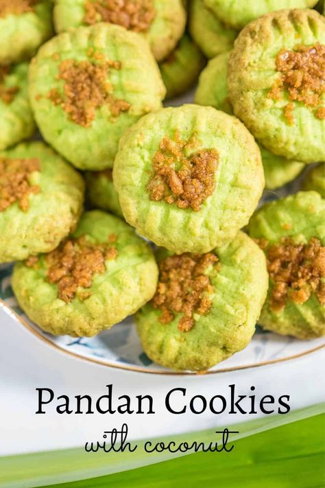 These pandan cookies are pandan flavored coconut cookies with gula melaka topping. They are easy to make, soft, crumbly and absolutely yummy. #pandancookies #pandancoconutcookies #pandanflavoredcookies #pandangulamelakacookies #pandancookiesrecipe #decoratedtreats Buko Pandan Cookies, Pandan Coconut Cookies, Pandan Dessert Recipe, Pandan Cookie Recipe, Crispy Almond Cookies, Yougart Cake, Vietnamese Cookies, Pandan Cookie, Indonesian Cookies