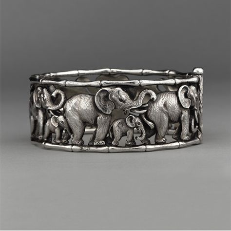 "THERE is nothing a mother elephant will not do for her infant, but even she cannot protect it from bullets..."—Fiona Maisels and Samantha Strindberg, scientists with Wildlife Conservation Society | Elephant Bracelet by Gustav Manz  (Photo: Joe Gold)  #SayNoToIvory Race Against Time, Elephant Jewelry, Metalwork Jewelry, Elephant Bracelet, Silver Elephants, Elephant Love, Animal Rings, African Elephant, Ancient Jewelry