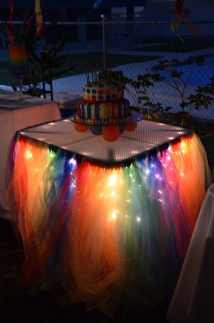 Tulle Table Skirt, Tulle Table, Diy String Lights, Nyan Cat, Rainbow Wedding, Rainbow Birthday Party, Icicle Lights, Glow Party, Neon Party