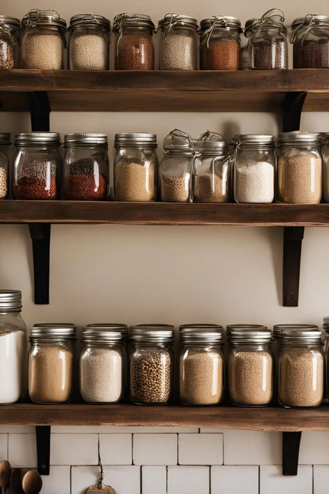 Kitchen Open Shelf, Small Rustic Kitchens, Rustic Kitchen Shelves, Diy Homesteading, Diy Kitchen Shelves, Vintage Kitchen Appliances, Mason Jar Kitchen, Pot Rack Hanging, Cozy Breakfast Nook