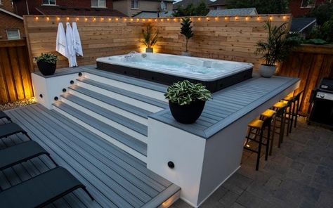 Swim Spa Deck, Hot Tub Swim Spa, Deck Privacy, Hot Tub Patio, Backyard Kitchen, Swim Spa, Hot Tub Outdoor, Backyard Pool, Spa Pool