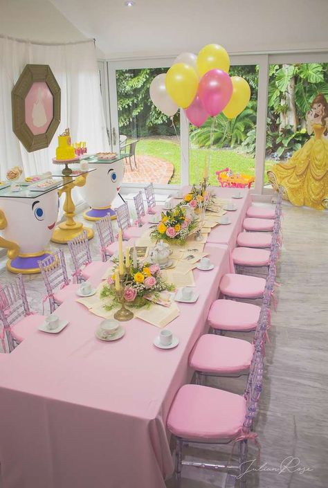 Belle / Beauty and the Beast Birthday Party Ideas | Photo 1 of 13 Bell Party Ideas Princess, Kids Table And Chairs Birthday Party, Belle Birthday Party Ideas, Princess Belle Party Decorations, Princess Belle Birthday Party, Kids Party Table, Tea Party Princess, Princess Belle Party, Princess Tea Party Birthday