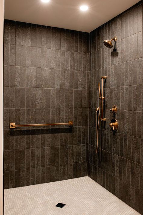 Dark Tile Bathroom Wall, Moody Bathroom Shower Tile, Dark Brown Shower Tile, Earthy Tile Bathroom, Moody Shower Tile, Dark Grout Shower Tile, Brown Tile Bathroom Ideas, Dark Bathroom Tile, Brown Tiles Bathroom