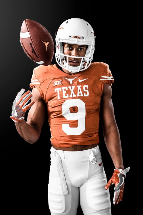 Football Senior Pictures, Sports Photoshoot, Football Poses, Texas Longhorns Football, Football Recruiting, Longhorns Football, Sport Portraits, Texas Football, Football Photography