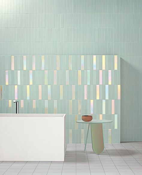 Nemo Tile + Stone Casts a Holographic Spell in its Glow Collection Nemo Tile, Rainbow Interior, Rainbow Tile, Interior Design Magazine, Ceramic Wall Tiles, Bath Tub, Decor Rustic, Retail Design, Tile Bathroom