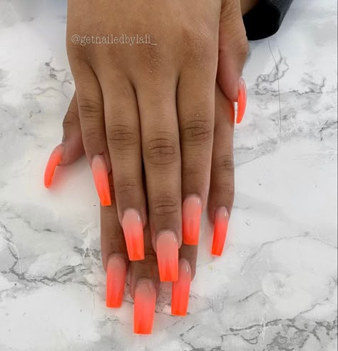 Neon nails, ombre nails, tapered square nails Neon Orange Ombre Acrylic Nails, Bright Square Acrylic Nails, Ombré Nails Orange, Ombre Neon Nails Summer, Summer Ombre Nails Square, Ombré Neon Nails, Neon Orange Ombre Nails, Neon Ombre Nails Bright Colors, Ombré Orange Nails