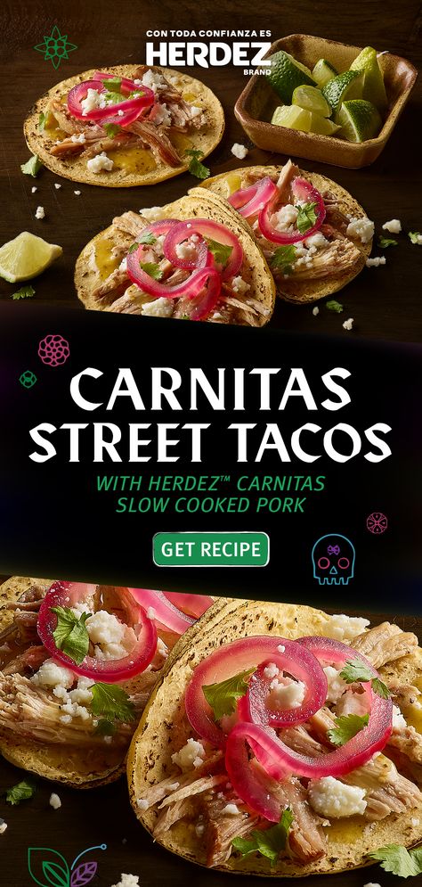 This quick 20-minute dinner recipe is made easy with HERDEZ™ Carnitas Slow Cooked Pork. Our Carnitas Street Tacos are packed with flavor and serve four, topped with HERDEZ TAQUERIA STREET SAUCE® Original Verde Mild! Pork Carnitas Street Tacos, Crock Pot Pork Tacos Carnitas, Slow Cooker Pork Carnitas Tacos, Pork Shoulder Carnitas, Slow Cooker Pork Carnitas Food Network, 20 Minute Dinners, Slow Cooked Pork, Pork Carnitas, Street Tacos