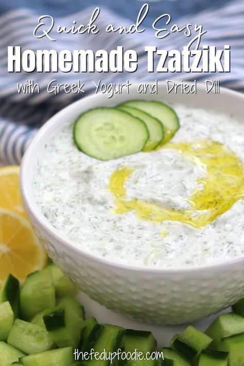 Easy Tzatziki Sauce recipe is delicious with all kinds of Greek dishes or as an appetizer with pita chips. Made with Greek yogurt, dried dill, English cucumber and lemon. #TzatzikiSauce #TzatzikiSauceRecipe #TzatzikiSauceWithDriedDill #TzatzikiSauceWithGreekYogurt #HomemadeTzatzikiSauce Tzatziki Sauce Without Cucumber, Feta Tzatziki Sauce, Tzatziki Sauce No Cucumber, How To Make Tziki Sauce, Easy Tsatsiki Recipe, Diy Taziki Sauce, Healthy Taziki Sauce Greek Yogurt, Taziki Dip Recipe, Easy Homemade Tzatziki Sauce