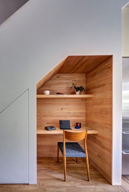 under stairs office nook                                                                                                                                                                                 More Desk Under Stairs, Office Under Stairs, Under Stairs Nook, Stair Nook, Space Under Stairs, تحت الدرج, Staircase Storage, Slanted Ceiling, Under The Stairs