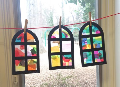 Stain glass church window craft. Used colored tissue paper on sticky contact paper. Window is from Ellison dye cut machine. Celephane Window Craft, Tissue Paper Stained Glass Craft, Tissue Paper Stained Glass Window, Paper Stained Glass Craft, Paper Stained Glass Window, Stained Glass Window Craft, Stained Glass Window Art, Kingdom Vbs, Tissue Paper Craft