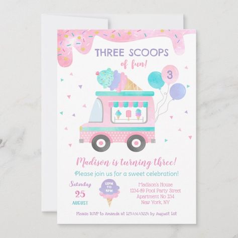 Three Scoops of fun Ice Cream Birthday Invitations - tap, personalize, buy right now!  #party, #birthday, #scoops, #fun, #third, Ice Cream Birthday Invitations, 2nd Birthday Party Invitations, Three Scoops Of Fun, Two Sweet 2nd Birthday, Ice Cream Birthday Party Theme, Third Birthday Girl, Fun Ice Cream, Baby First Birthday Themes, Ice Cream Party Theme