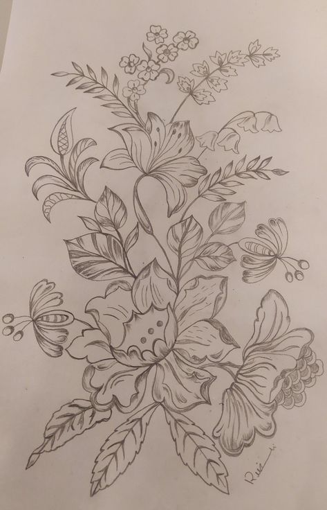 Flower Motifs Design Floral, Floral Khaka Designs, Floral Embroidery Khaka, Pencil Drawings Of Flowers, Floral Line Art, Flower Drawing Design, Flower Art Drawing, Paisley Art, Embroidery Template