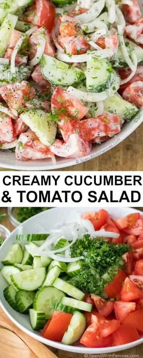 Creamy Cucumber Tomato Salad is the perfect side salad for any time of year! It is packed with juicy ripe tomatoes, crisp cucumbers and fresh herbs and all topped off with a delicious creamy dressing for a healthy addition to your menu plan! Creamy Cucumber Tomato Salad, Cucumber And Tomato Salad, Cucumber And Tomato, Tomato Salad Recipes, Creamy Cucumbers, Creamy Dressing, Cucumber Tomato Salad, Cucumber Recipes, Menu Plan