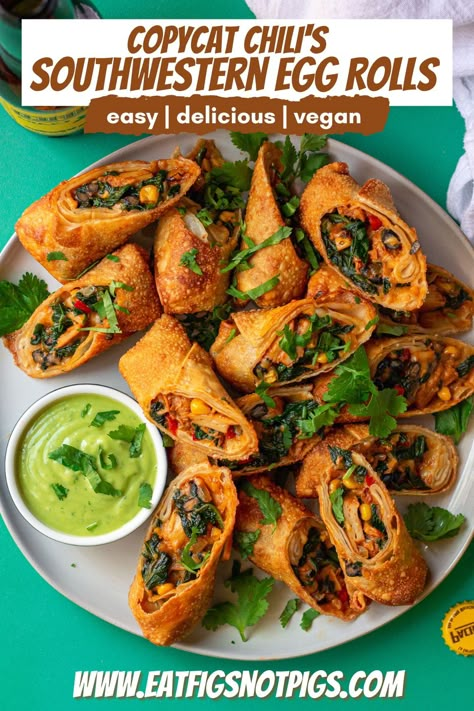 Southwestern Egg Rolls (Chili's Copycat) - Eat Figs, Not Pigs Vegan Mexican Meals, Vegan Egg Roll Wrapper Recipes, Vegan Copycat Recipes, Vegan Southwest Eggrolls, Plant Based Egg Rolls, Southwestern Egg Rolls Chilis, Chilis Southwestern Eggrolls, Vegetarian Southwestern Egg Rolls, Vegan Tostadas