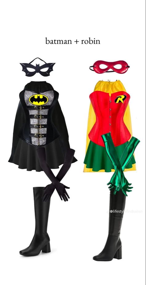 Womens Robin Costume, Classic Duos Characters, Cute Villain Costumes, Batman Robin Joker Costume, Duo Costume Ideas Blonde And Brunette, Creepy Duo Halloween Costumes, Batman Duo Costume, Batman And Spiderman Costume, Group Of 5 Halloween Costumes College