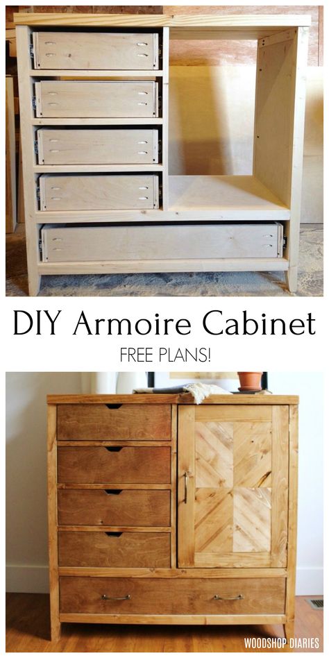 Build a tall, skinny dresser with these free plans.  This unique storage cabinet is like a miniature armoire with both drawers and cabinet storage.  Perfect for a kid's room or small closet.  Grab the free plans to build your own in this post. Dresser Plans, Armoire Dresser, Cabinet Plans, Dresser Furniture, Building Furniture, Unique Storage, Diy Dresser, Wood Furniture Diy, Diy Home Furniture