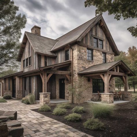 White Rustic House Exterior, Rustic French Country House Exterior, Lodge Home Exterior, Stone And Wood House Exterior, Stone Farmhouse Exterior, Rustic Cabin Exterior, Stone House Exterior, Modern Farmhouse Exterior Colors, Rustic Farmhouse Exterior