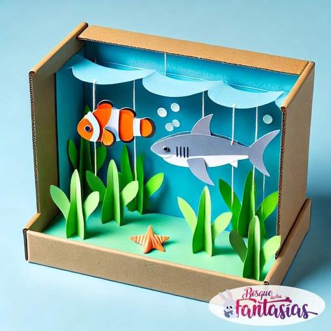 Fish Project, Ocean Diorama, Aquarium Craft, Half Birthday, Leaf Crafts, Paper Flowers Craft, Fun Easy Crafts, Pop Up Book, Paper Cut