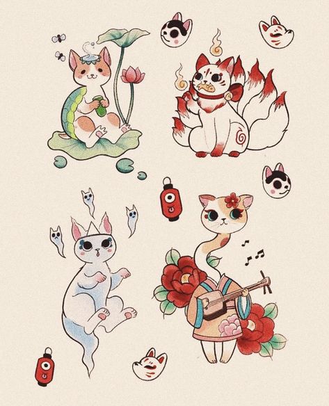 Cat Lover Tattoo, Spooky Tattoos, Asian Tattoos, Cute Tiny Tattoos, Japanese Cat, Japanese Tattoo Art, Black Ink Tattoos, Tattoo Flash, Japanese Tattoo