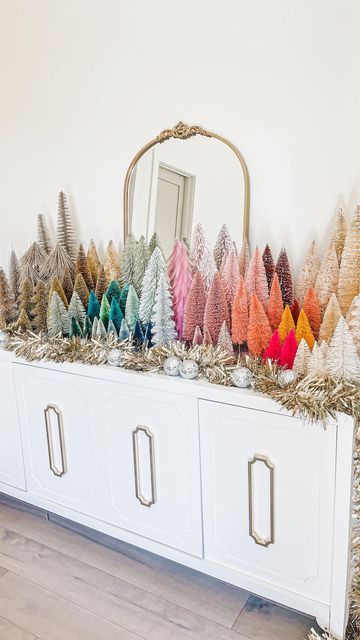 Rainbow Bottle Brush Trees, Colorful Bottle Brush Trees, Christmas Bottle Brush Trees, Decorating With Bottle Brush Christmas Trees, Bottle Brush Christmas Tree Decor, Bottle Brush Christmas Trees Decor, Brush Bottle Trees Christmas Decor, Bottle Brush Tree Collection, Bottlebrush Tree Mantle