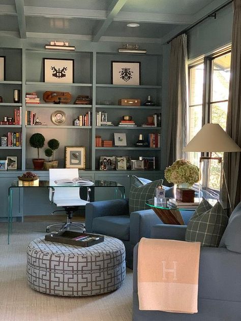 Grey Ceiling Paint, Coffered Ceiling Ideas, Tray Ceiling Ideas, Grey Bookshelves, Den Library, Gray Painted Walls, Grey Ceiling, Grey Accent Chair, Grey Shelves