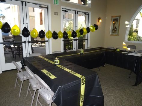 detective party decor Csi Party, Fellowship Hall, Vacation Bible School Craft, Spy Birthday Parties, Detective Party, Detective Theme, Ladies Event, Hall Tables, Police Party