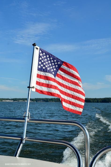 US flag on pontoon | ©homeiswheretheboatis.net #LKN #lakenorman #flag #boat 4th July Aesthetic, Happy August, Flotsam And Jetsam, Raised Right, Delta Phi Epsilon, Lake Norman, Most Beautiful Words, Fur Mom, United States Flag