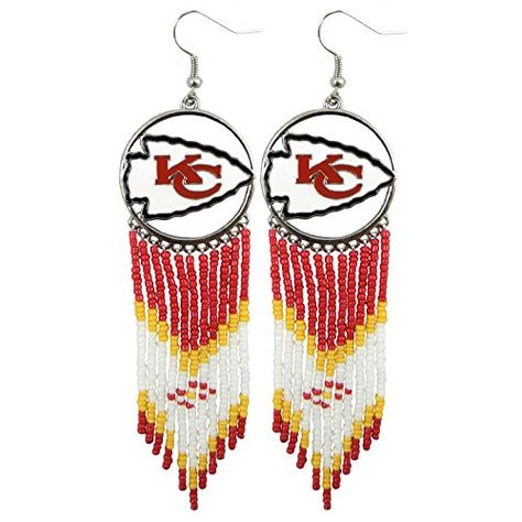 Kc Chiefs Beaded Earrings, Kc Chiefs Jewelry, Beaded Dreamcatcher, Dreamcatcher Earrings, Diy Seed Bead Earrings, Soccer Fan, Dream Catcher Earrings, Chiefs Football, Sports Jewelry