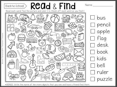 Read & Find - First Day of School Printable  Giving students an easy independent activity to start as soon as they arrive on the first day of school is a great way to calm their nerves. It also allows you to focus on greeting new students and getting supplies organized and put away. Here is a great first day of school printable that students can begin working on right away! Visit my blog to read about it and get the free download!  3-5 back to school First Day of School k-1 PK-2 reading First Day Of School Printable, Hidden Picture Puzzles, First Day Activities, First Day Of School Activities, Classroom Freebies, School Printables, Classroom Printables, Hidden Pictures, Picture Puzzles