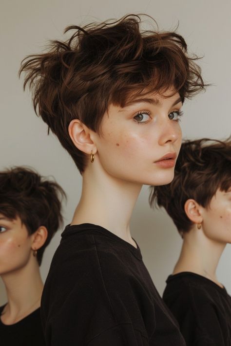 Manic Pixie Dream Girl Haircut, Short Hairstyle Women Colored Hair, Teen Pixie Cut, Short Haircuts For Women 2024, Short Grunge Hair Pixie Cuts, Short Hair Portrait, Cool Short Haircuts, Female Short Hair, Makeover Hair