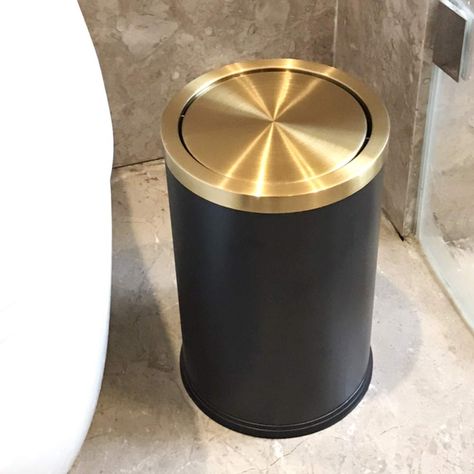 Gold Trash Can Bathroom, Powder Room Trash Can Ideas, Powder Room Trash Can, Modern Bathroom Trash Can, Trash Can Bathroom Ideas, Black Bathroom Trash Can, Bedroom Trash Can Ideas, Bathroom Trash Can With Lid, Black And Gold Bathroom Accessories