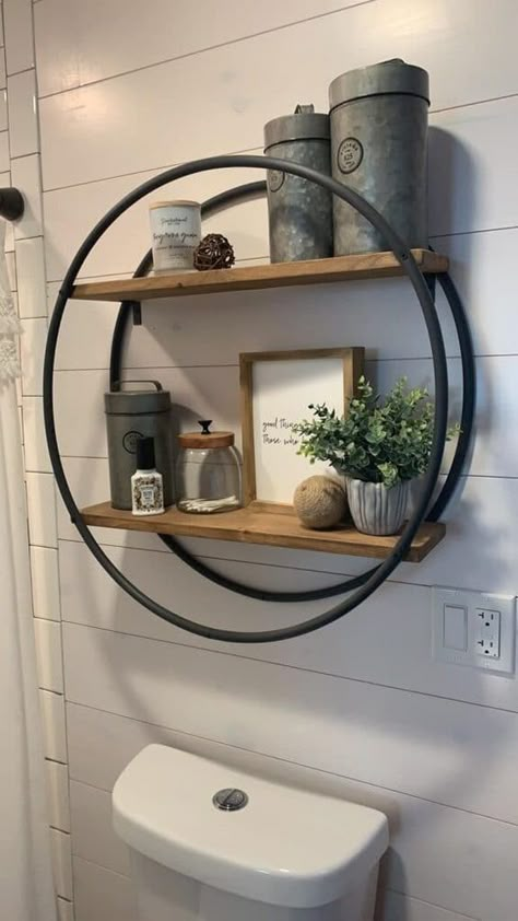 Farmhouse Modern Bathroom Decor, Kitchen Table Centerpiece Hobby Lobby, Modern Farmhouse Bathroom Shelves, Round Bathroom Shelf Decor Over Toilet, Modern Farmhouse Shelving Decor, Bathroom Decor Inspiration Farmhouse, Kitchen Modern Farmhouse Decor, Modern Farmhouse Diy Projects, Dollar Tree Housewarming Gift Ideas