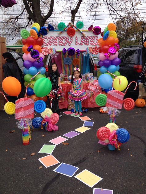 First trunk or treat creation at my daughter's school Candy Land Trick Or Trunk, Extreme Trunk Or Treat Ideas, Prek Trunk Or Treat, Trunk Or Treat Candyland Theme, Trunk Or Treat Ideas Candyland, Trunk Or Treat Ideas For Cars Candyland, Trunk Or Treat Cotton Candy, Candy Land Trunk Or Treat Ideas For Cars, Candy Land Homecoming Float