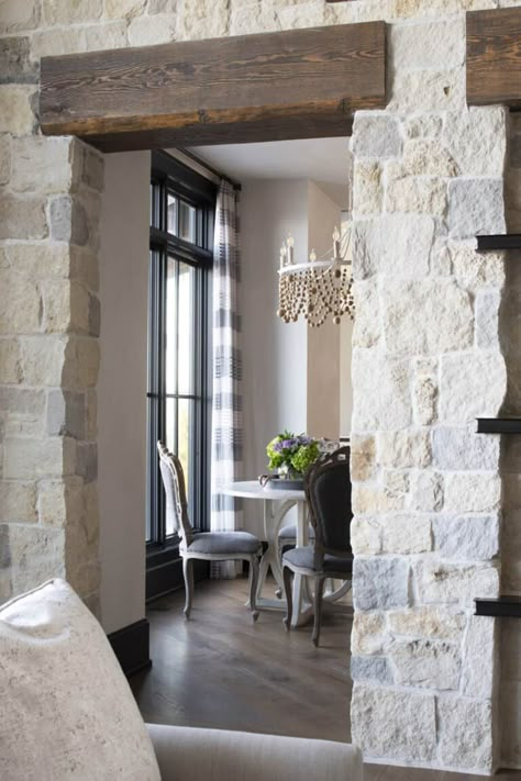 Tour this absolutely gorgeous mountain style lake house in Minnesota International Falls Minnesota, Rustic European Farmhouse, Stone Walls Interior, Stone Interior, Beautiful Kitchen Designs, Mountain Style, Studio M, Stone Walls, Stone Houses