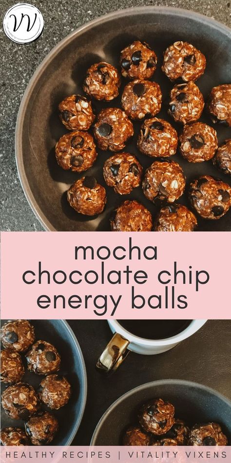 Try out these easy no bake mocha chocolate chip energy bites if you want a healthy & delicious snack! They're jam packed with peanut butter, chocolate, espresso, and lots of nutritious ingredients to boost your energy and keep you feeling great, anytime of day. #recipes #healthyfood Mocha Energy Balls, Coffee Energy Bites, Espresso Energy Balls, Chocolate Chip Energy Balls, Chocolate Chip Energy Bites, Energy Balls Healthy, Energy Bars Recipe, Preworkout Snack, Bites Recipes