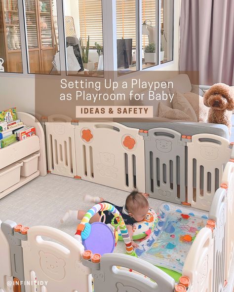 Playpen Ideas Living Rooms, Playpen Organization, Playpen Set Up, Giant Playpen, Baby Playpen Ideas, Play Pen Ideas, Playpen Ideas, Baby Play Area, Toddler Playpen