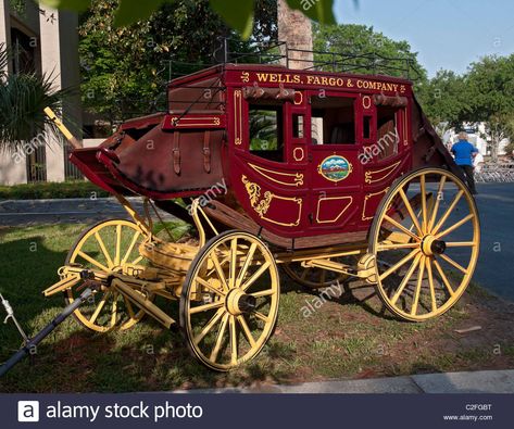 Download this stock image: Spring Arts Festival Gainesville Florida Wells Fargo stagecoach on display - C2FGBT from Alamy's library of millions of high resolution stock photos, illustrations and vectors. Wagon Fantasy Art, Traveling Wagon Fantasy Art, Wells Fargo Stagecoach, Medieval Wagons And Carts, Wagon Trails, Horse Cart, Gainesville Florida, Chuck Wagon, Horse Drawn Wagon