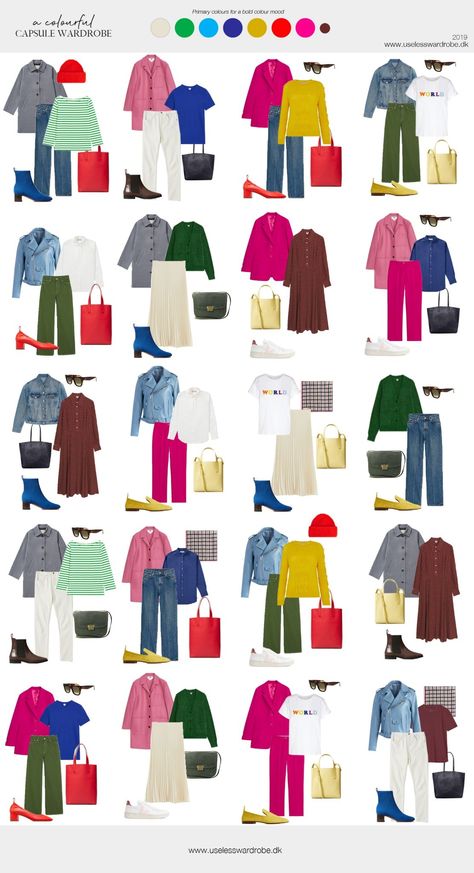 Colorful Work Capsule Wardrobe, Summer Work Travel Capsule, Monochromatic Outfit With Pop Of Color, Bold Color Combinations Outfit, Colorful Travel Capsule Wardrobe, Spring Capsule Wardrobe 2024 Colorful, Cool Color Capsule Wardrobe, Colour Capsule Wardrobe, Bright Spring Fall Wardrobe